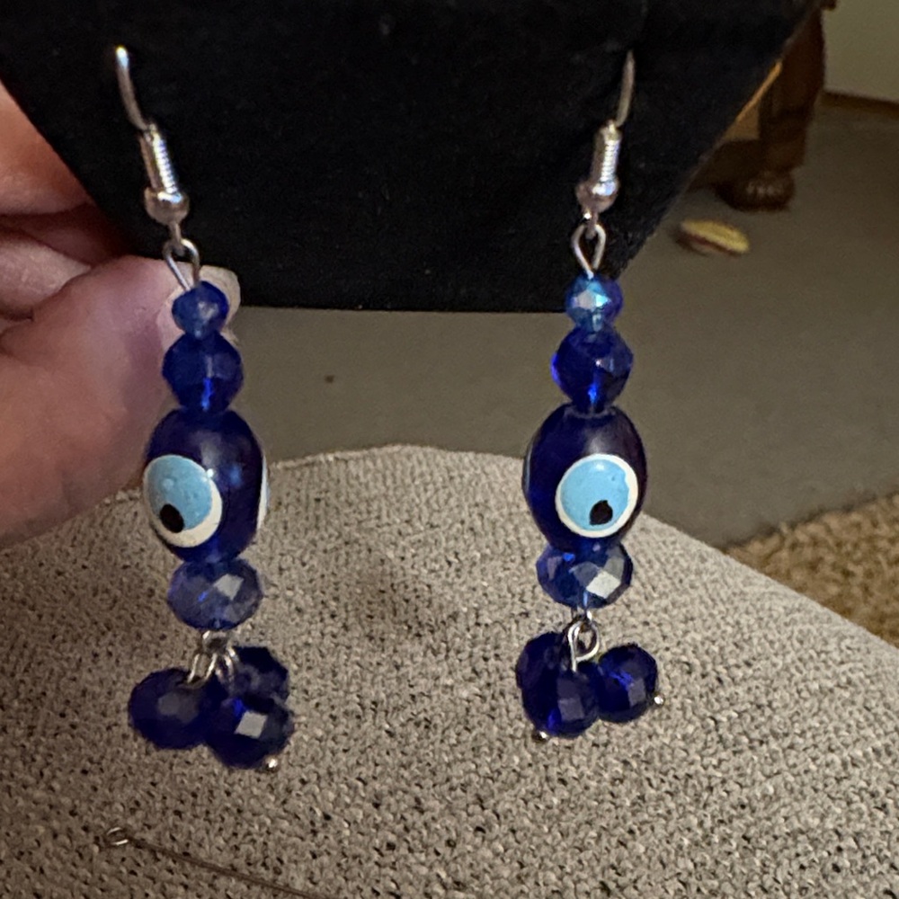 Hand Crafted Blue Eye Charm Earrings With AB Crystals - Picture 1 of 2